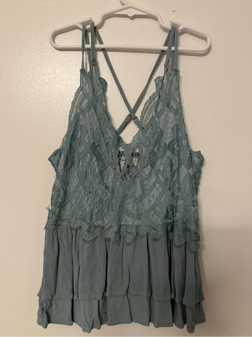 Lace Tiered Sleeveless Tank Top in Dusty Teal